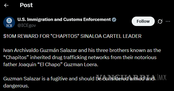 $!ICE ofrece 10 millones de dólares por Iván Archivaldo, líder de Los Chapitos e hijo del ‘Chapo’ Guzmán