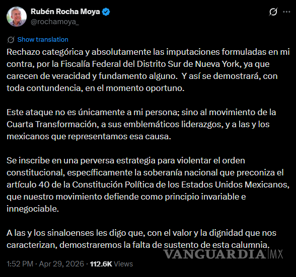 $!Rubén Rocha Moya rechaza acusaciones de EU por presuntos vínculos con Los Chapitos y tráfico de drogas