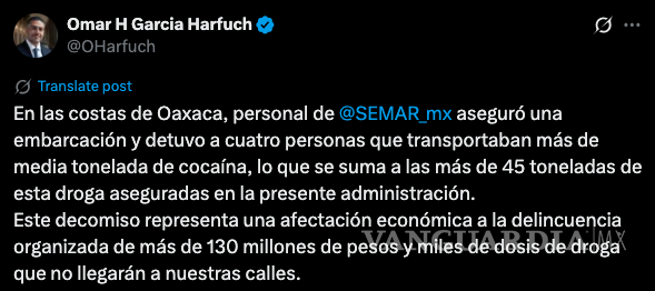 $!En costas de Oaxaca, Semar asegura embarcación con casi una tonelada de droga: Omar Harfuch