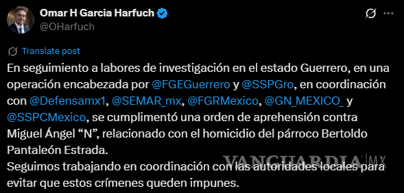 $!Detienen a Miguel Ángel, presunto asesino del padre Bertoldo Pantalón en Guerrero: Harfuch