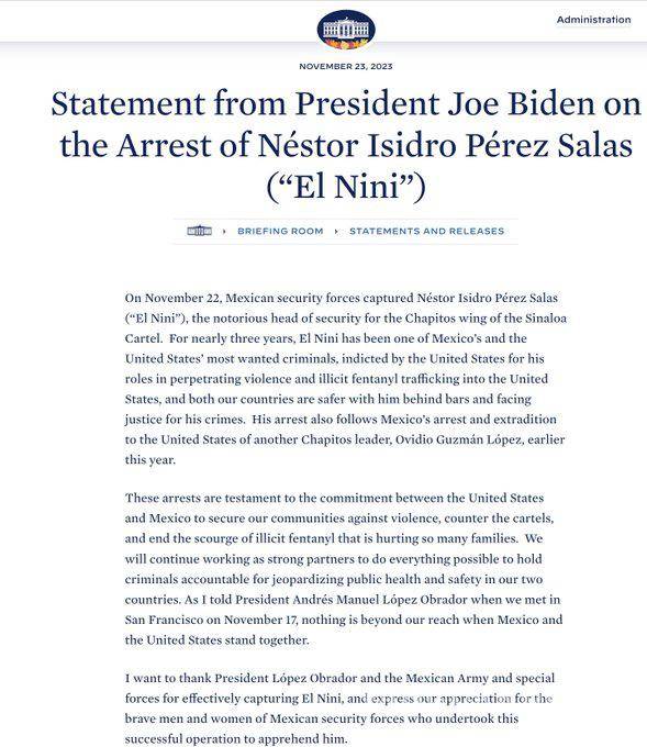$!EU pide a México ‘pronta’ extradición de ‘El Nini’; Biden agradece captura del jefe de sicarios de ‘Los Chapitos’
