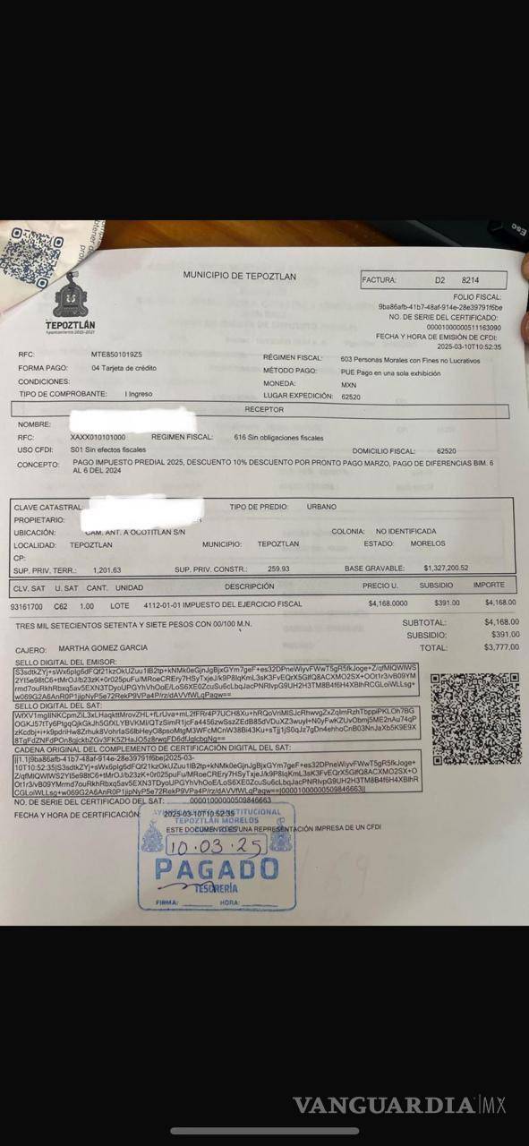 $!Fernández Noroña compartió esta imagen del pago del predial.