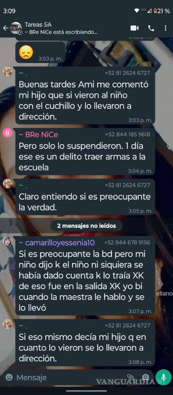 $!Captura de pantalla proporcionada por una madre de familia, donde se comienza a tratar el incidente mediante un grupo interno.
