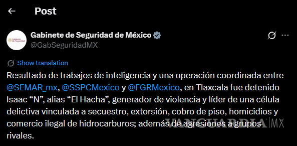 $!Marina detiene a ‘El Hacha’, presunto líder de una célula del CJNG, en Tlaxcala