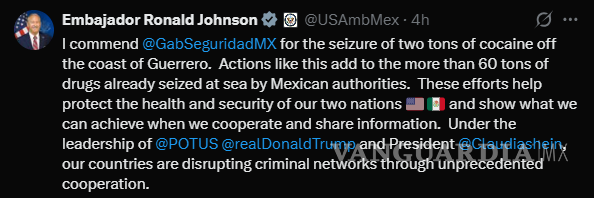 $!Embajador de EU reconoce a México por incautación de dos toneladas de cocaína en costas de Guerrero