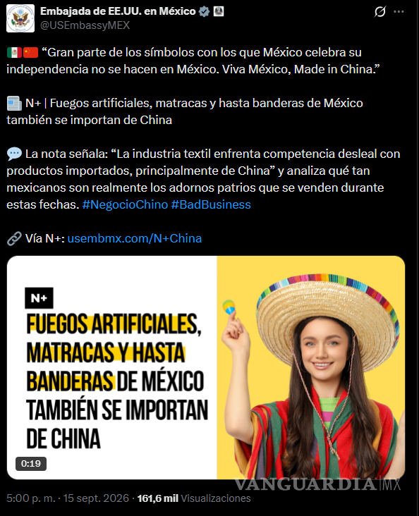 $!China acusa a Embajada de EU de ‘sembrar cizaña’ con México por mensaje de fiestas patrias