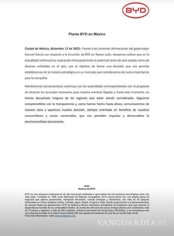 $!BYD desmiente a Samuel García sobre instalación de planta en Nuevo León