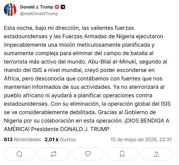 $!Captura de pantalla de un mensaje en la cuenta de Truth Socia del presidente de EU, Donald Trump, en el que afirma que se logró eliminar a Abu-Bilal al-Minuki.