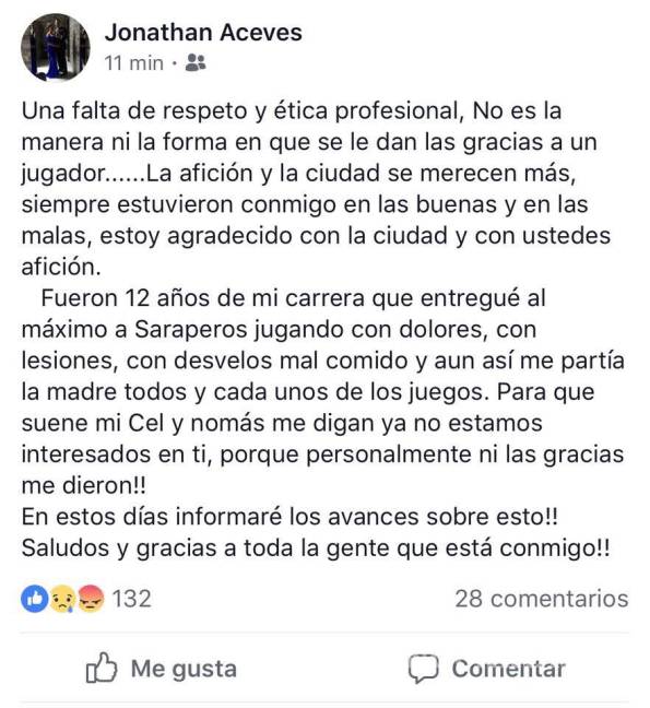 $!Jonathan Aceves comparte su molestia hacia la directiva de Saraperos