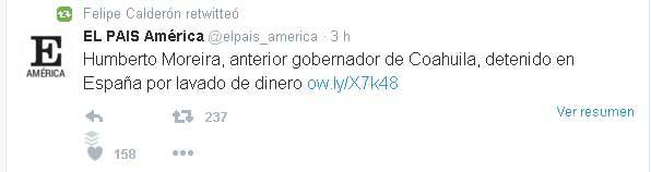 $!Felipe Calderón retuitea 4 veces detención de Humberto Moreira... su gobierno lo exonera
