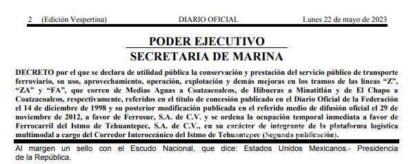 $!Publican en DOF decreto de AMLO con el que expropia vías de Grupo México para Tren del Istmo