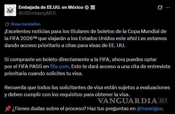 $!Mundial 2026: Embajada de EU abre citas prioritarias para tramitar la visa con FIFA PASS
