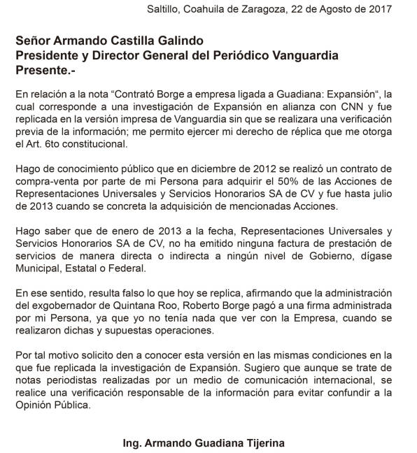$!Armando Guadiana niega relación comercial con administración de Borge