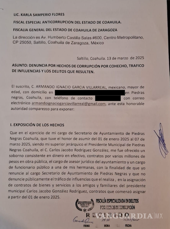 $!Ignacio García Villarreal, exsecretario del Ayuntamiento de Piedras Negras, presentó una denuncia formal contra el alcalde Carlos Jacobo Rodríguez por presuntos actos de corrupción.