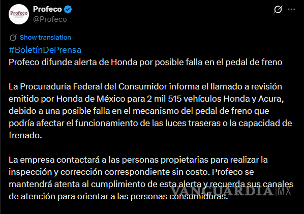 $!Profeco llama a revisión a más de 2 mil vehículos Honda y Acura por falla en pedal de freno