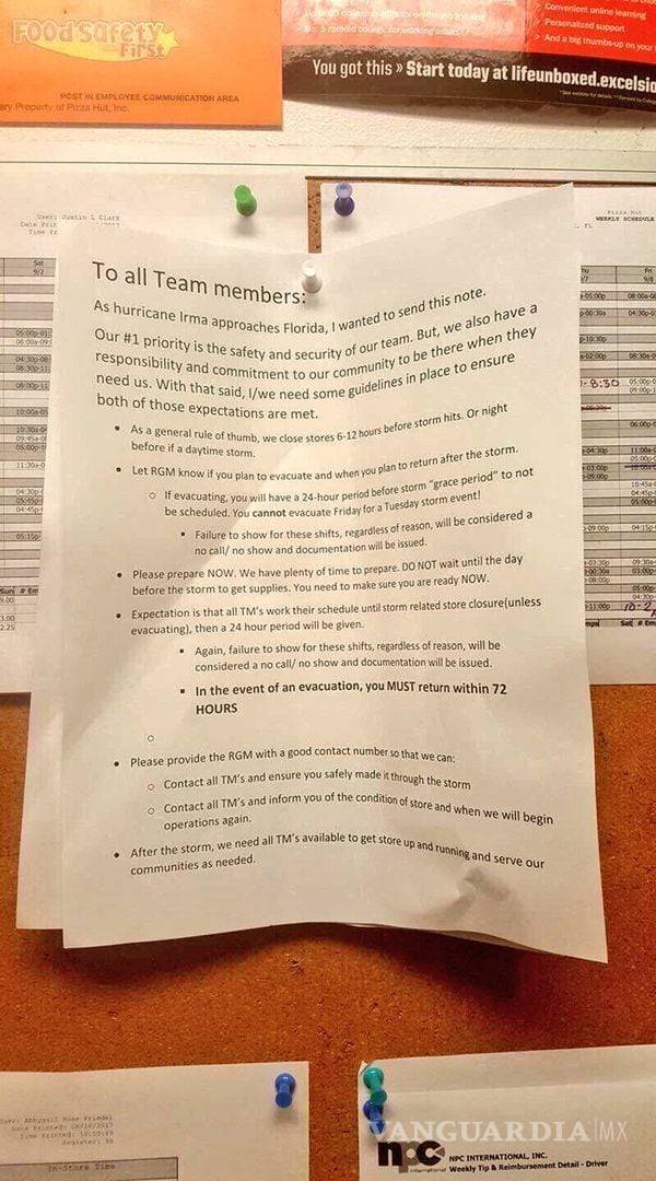 $!Gerente de Pizza Hut ordena a empleados cumplir turnos durante paso del huracán Irma