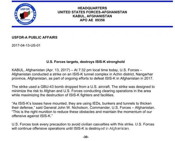 $!Estados Unidos lanza 'la madre de todas las bombas' contra el Estado Islámico en Afganistán