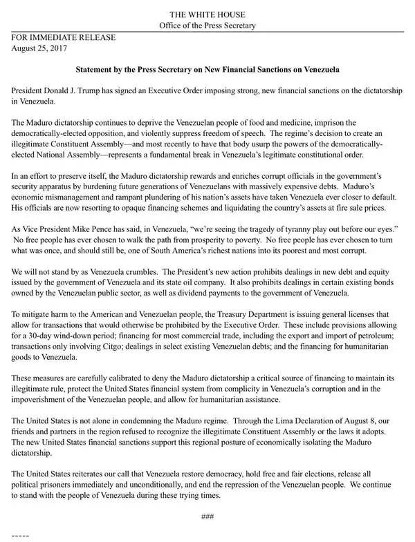 $!Estados Unidos prohíbe operar con acciones y bonos del gobierno de Venezuela y su petrolera