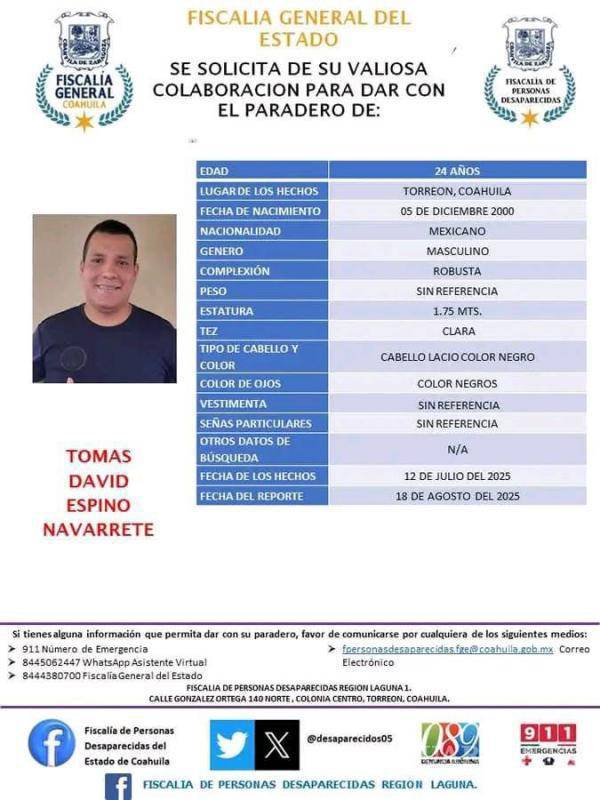 $!La ficha de búsqueda de Tomás David circula en redes sociales para solicitar apoyo ciudadano.