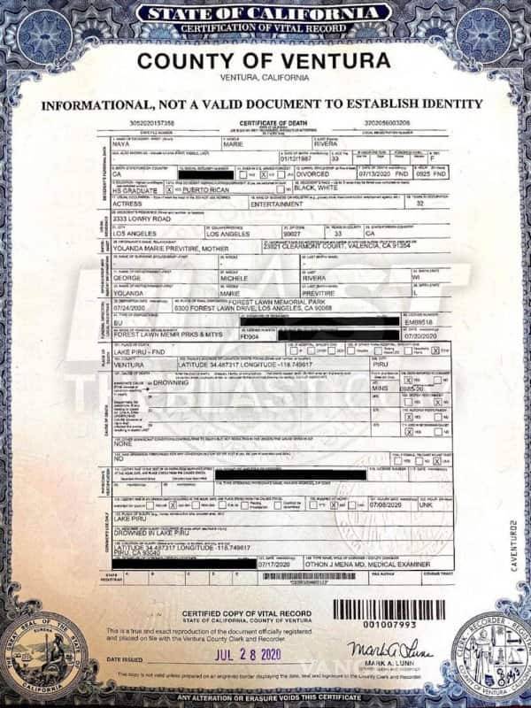 $!Naya Rivera: revelan nuevos detalles sobre su muerte; filtran acta de defunción