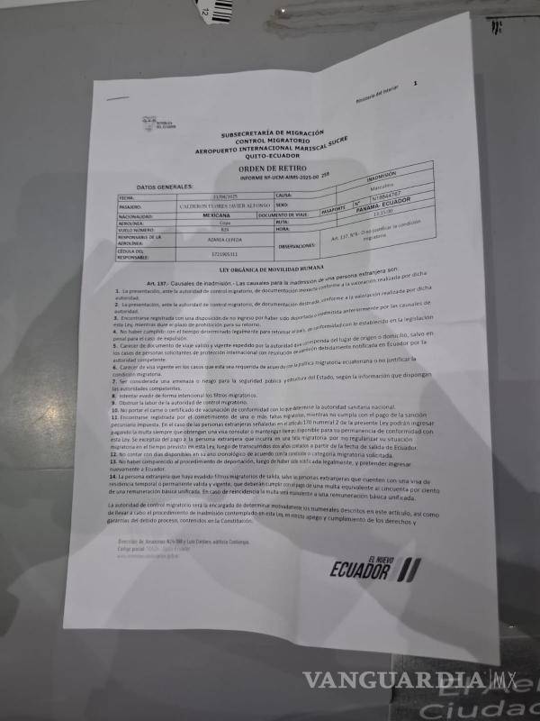 $!A pesar de no requerir visa, Calderón Flores fue regresado de Ecuador y no se le entregaron razones claras para la negativa de acceso.