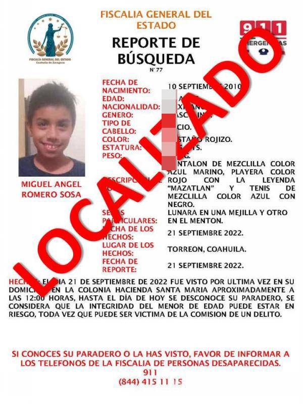 $!Miguel Romero, menor desaparecido originario de Torreón.