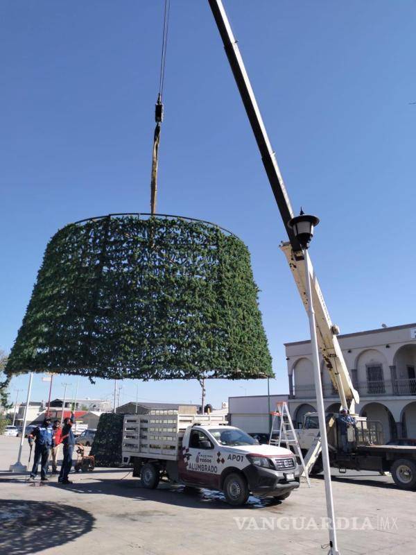 $!La plaza principal de Frontera se llena de espíritu festivo con la instalación del Gran Pino Navideño.