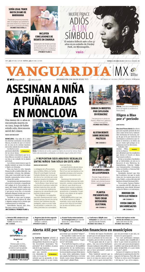 $!Portada del 22 de abril de Periódico VANGUARDIA, en la que se da a conocer el hecho que conmovió al estado.