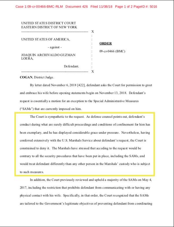 $!Juez niega a "El Chapo" petición de abrazar a su esposa