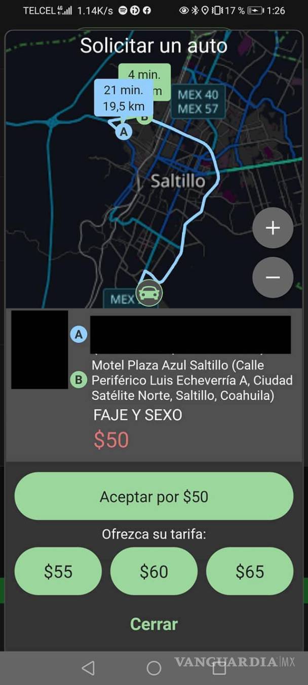 $!Saltillo: Conductores de InDriver exhiben propuestas sexuales que reciben de usuarios mediante la aplicación móvil