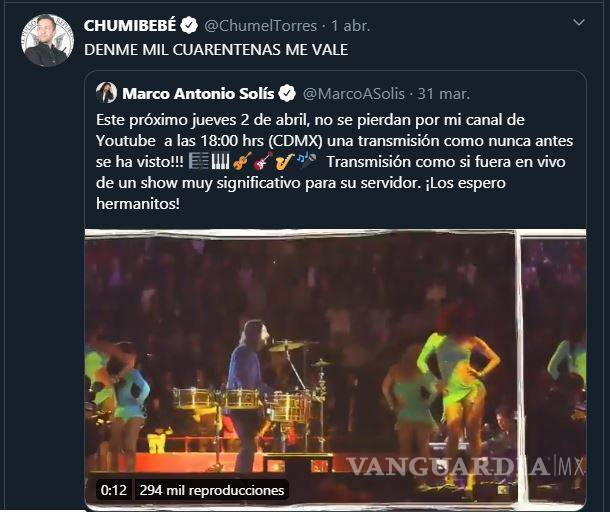 $!'Espero que ya tengas las botanas listas': Marco Antonio Solis responde a Chúmel Torres en Twitter y usuarios enloquecen