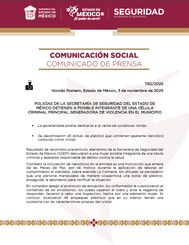 $!Cae presunta criminal del CJNG en el Estado de México; le decomisan 45 envoltorios de droga