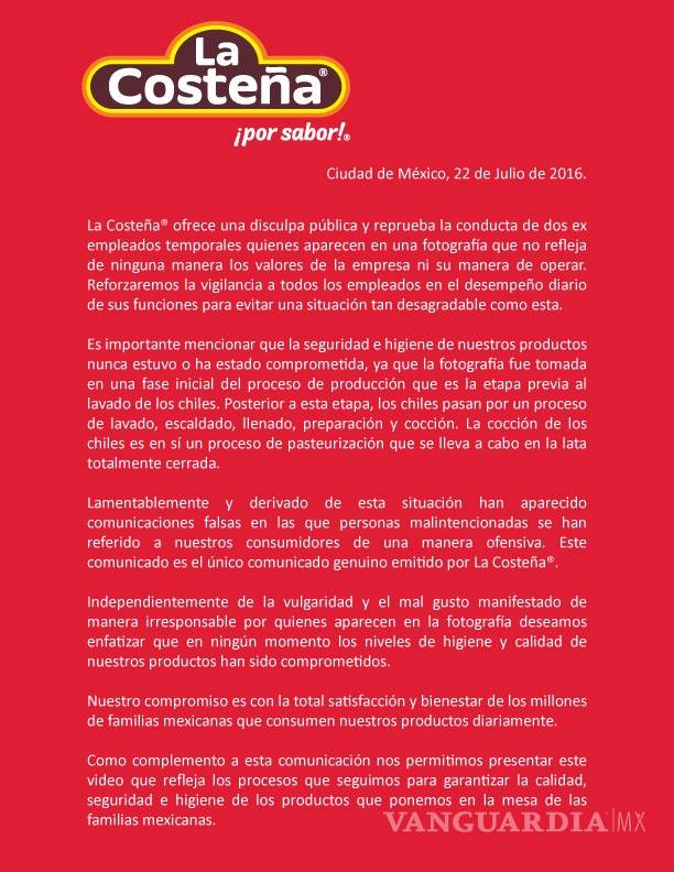 $!Foto de empleados le cuesta toneladas de chiles y una averiguación a La Costeña