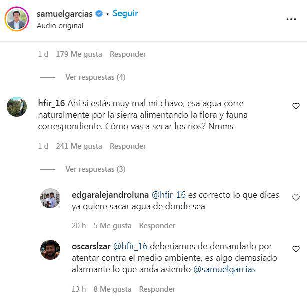 $!Usuarios cuestionan reciente decisión de Samuel García de llevar agua de un río natural a Monterrey.