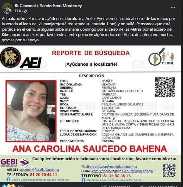 $!Continúa búsqueda de Ana Carolina, sobrina de magistrado coahuilense; se habría extraviado en el Cerro de las Mitras, en Monterrey