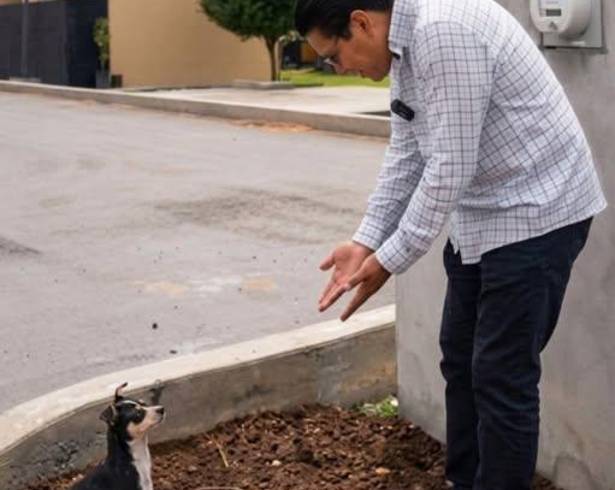 Arquitecto Juve junto al perrito “Chiche”, tras decidir adoptarlo al finalizar la grabación.