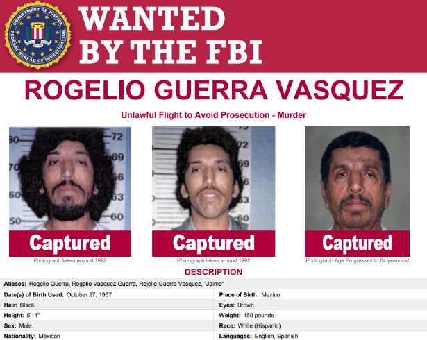 Rogelio Guerra Vásquez fue detenido en México después de permanecer prófugo durante 29 años. El FBI difundió fotografías y una proyección de edad como parte de la búsqueda.