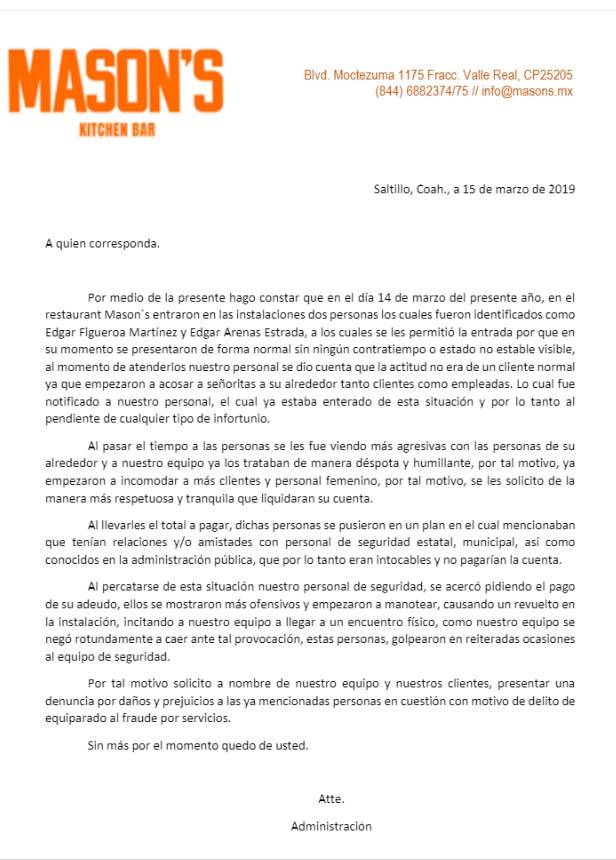 $!Reconocido deportista de Saltillo denuncia ataque en negocio; bar se defiende acusando 'fraude'