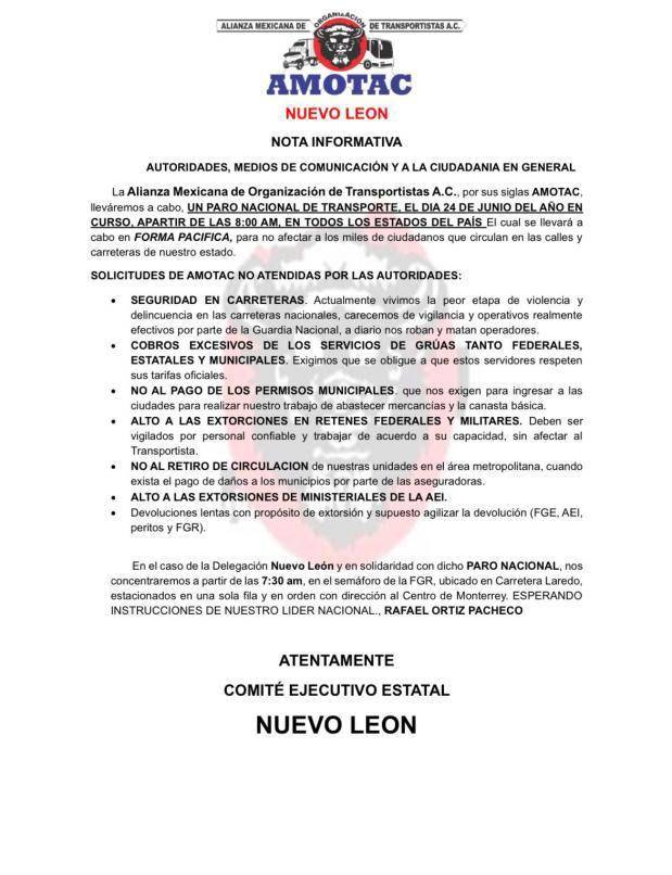 $!Amotac anuncia paro para el 24 de junio; transportistas de NL se sumarán