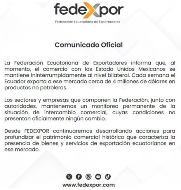 $!Comunicado oficial de la Federación Ecuatoriana de Exportaciones. FOTO: X