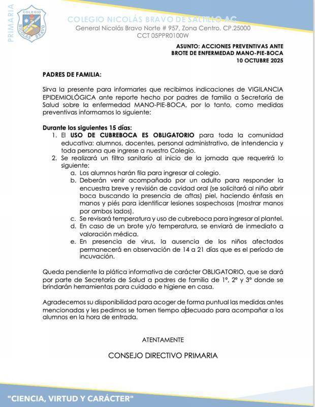 $!Padres y alumnos del Colegio Nicolás Bravo deben acatar nuevas medidas preventivas ante posibles casos de coxsackie, incluyendo uso obligatorio de cubrebocas y filtros de ingreso.