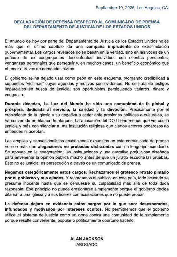 $!Son ‘desesperados, infundados y sensacionalistas’ los nuevos cargos contra líder de La Luz del Mundo: Abogado
