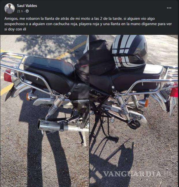 $!Joven denuncia el robo de una llanta de su motocicleta en la FCC de la UAdeC, en Saltillo.