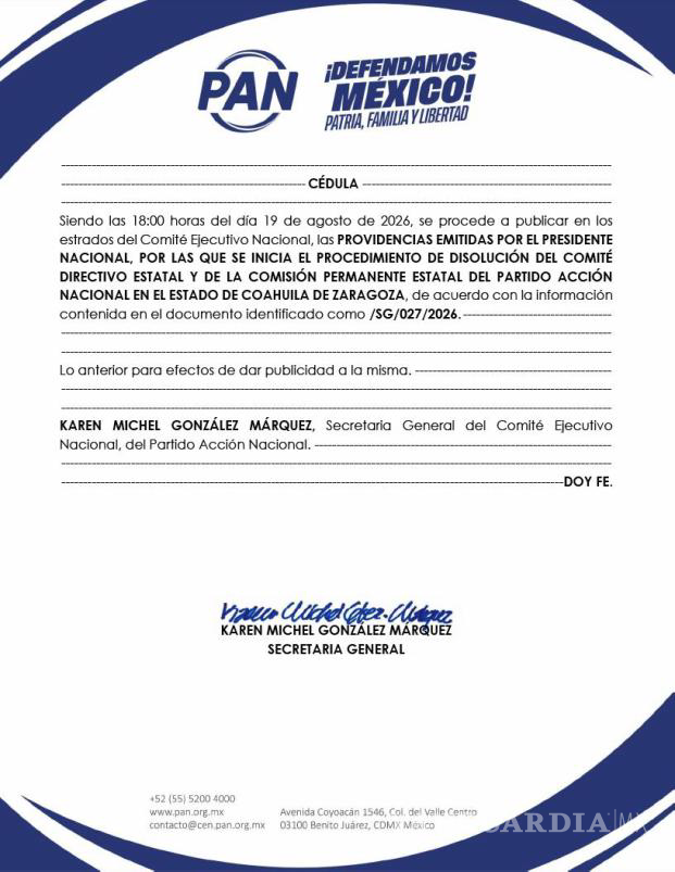 $!El acuerdo SG/027/2026 fue publicado el 19 de agosto y establece el procedimiento que deberá seguirse para resolver el futuro de la dirigencia estatal.
