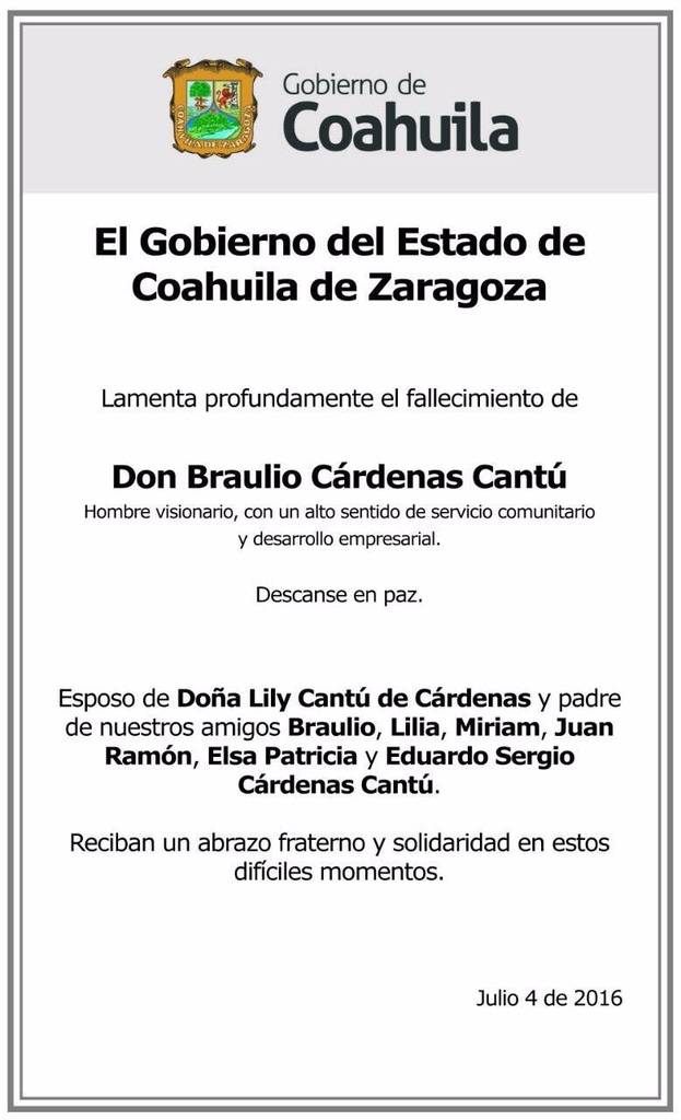$!Fallece el empresario Braulio Cárdenas Cantú