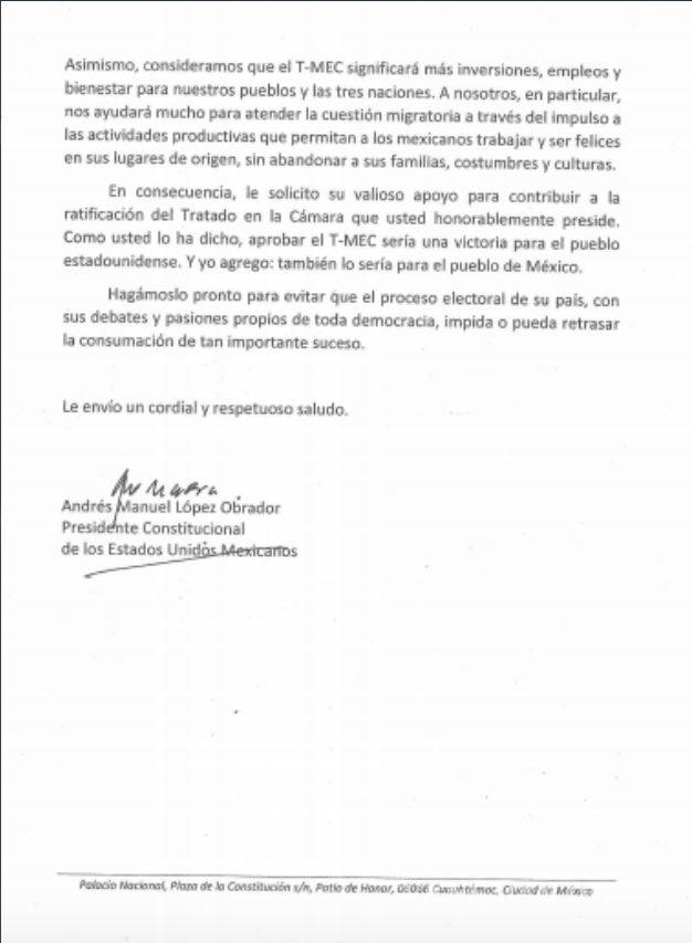 $!Con esta carta AMLO pidió a Nancy Pelosi no demorar aval del T-MEC por elecciones en EU