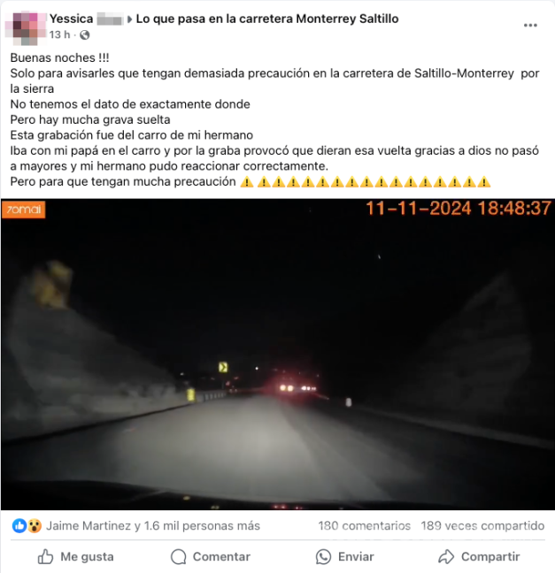 $!La joven alerto a los conductores sobre el peligro de la grava suelta en la carretera Saltillo-Monterrey tras un incidente ocurrido el pasado lunes.