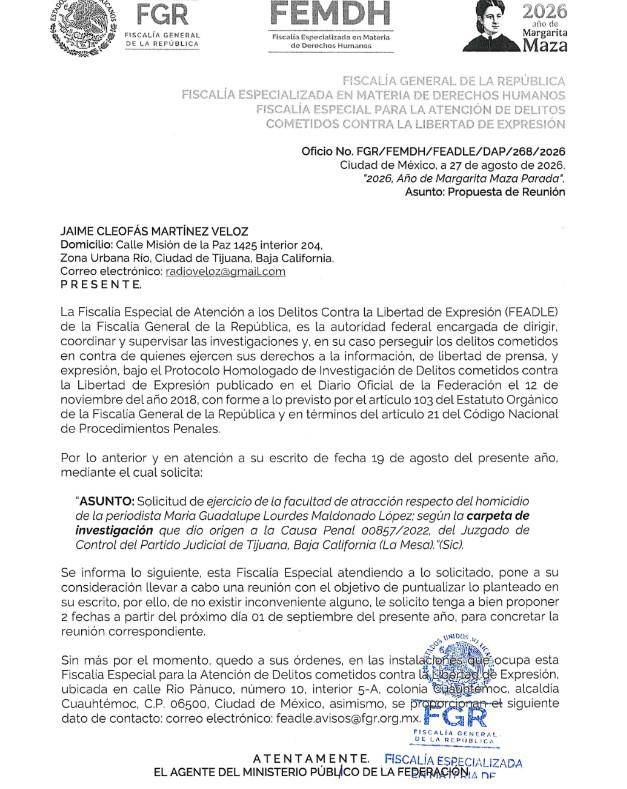 $!FGR abordará solicitud de atracción del caso del homicidio de la periodista Lourdes Maldonado