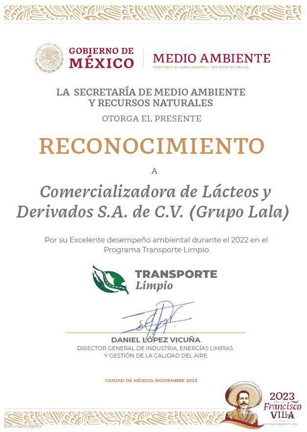$!Premia Semarnat y SICT a Grupo LALA por 5to año por su transporte ecoamigable