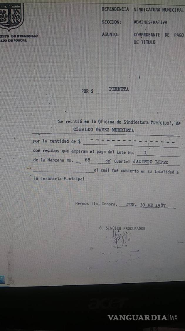 $!Comprobante de pago de título al ayuntamiento de Hermosillo de Osbaldo Gámez Murrieta.